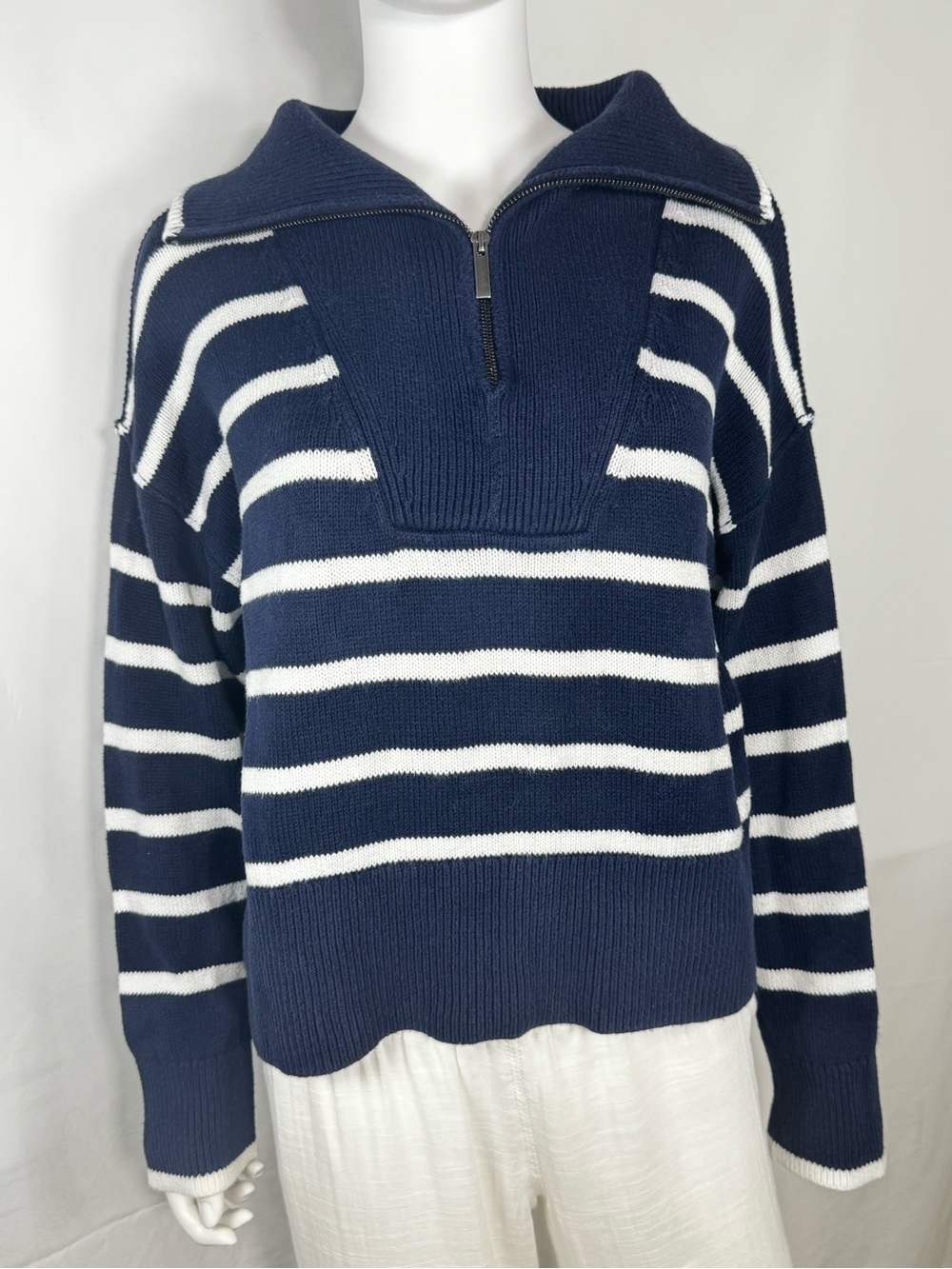 Banana Republic Organic Cotton Striped Half Zip Sweater Medium M Navy/Cream